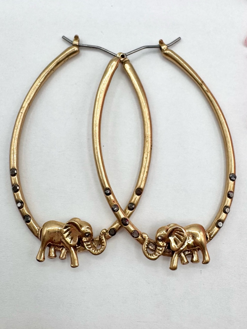 Vintage Lucky Brand Hoop Earrings Elephant Marcasite Trunk Up Good Luck Gem Eyes